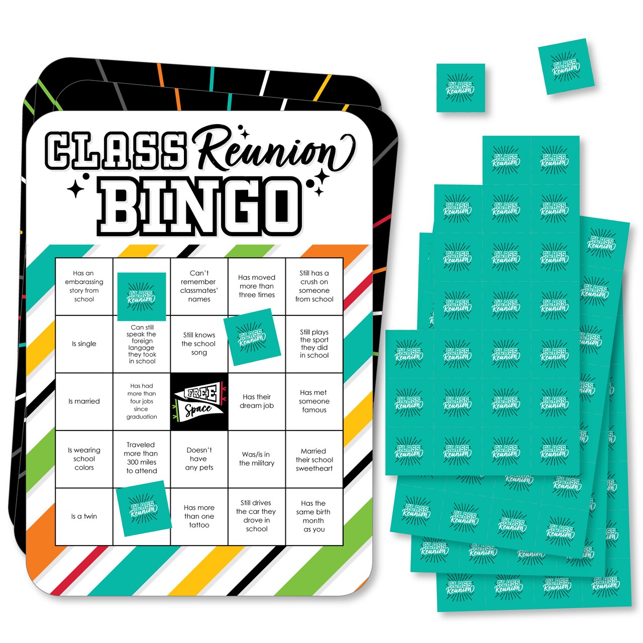 Big Dot of Happiness Still Got Class - Find the Guest Bingo Cards and Markers - High School Reunion Party Shaped Bingo Game - Set of 18